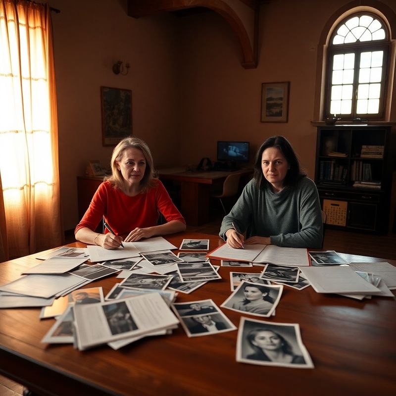 Dvoje ljudi radi za drvenim stolom pokrivenim papirima i fotografijama, topla ambijentalna svjetlost